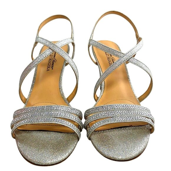 American Glamour by Badgley Mischka Silver Rhinestone Strappy Wedge Sandals 8 - Picture 1 of 8